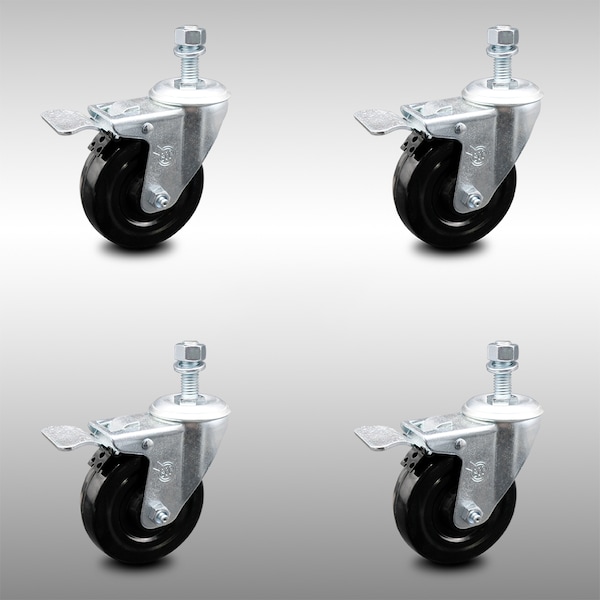 Service Caster 4 Inch SS Hard Rubber Swivel 10mm Threaded Stem Caster Set Total Lock Brake SCC-SSTSTTL20S414-HRS-M1015-4 - main